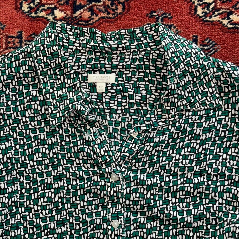 Talbots PM Green/Black Abstract Print Long‎ Sleeve Button Front PULLOVER Shirt